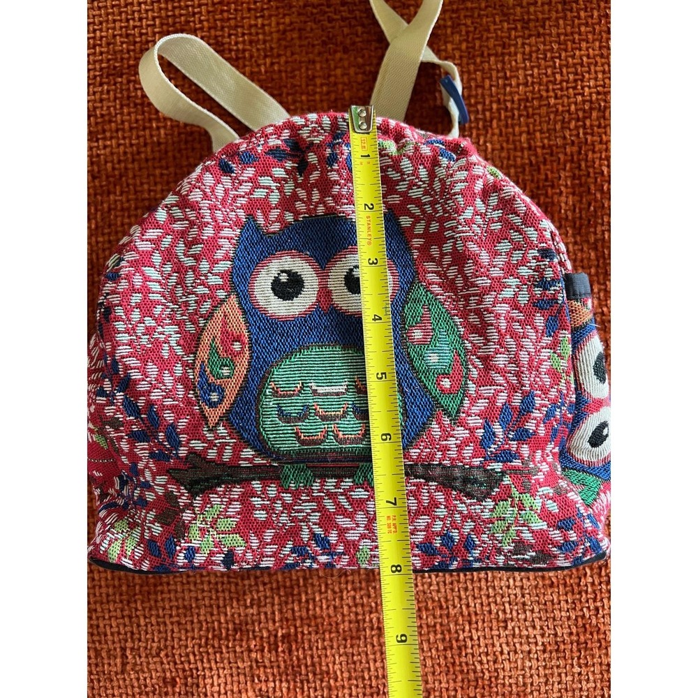 Vintage Whimsy Owl Tapestry Mini Backpack Red Floral Boho Woven Small Rucksack - Picture 6 of 13